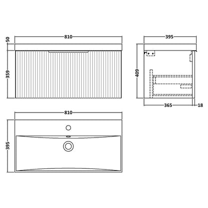 Hudson Reed Fluted Wall Hung Single Drawer 800mm Vanity and Thin-Edge Ceramic Basin (1 size, 5 colours) - Brand New Bathrooms