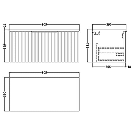 Hudson Reed Fluted Wall Hung Single Drawer 800mm Vanity and Laminate Top (1 size, 5 colours) - Brand New Bathrooms
