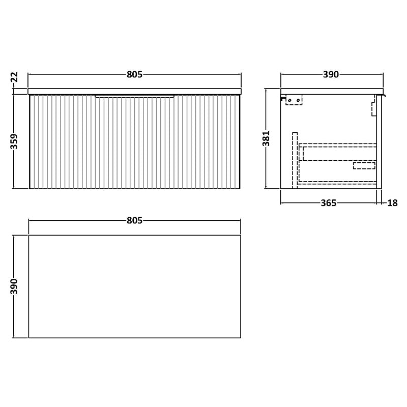 Hudson Reed Fluted Wall Hung Single Drawer 800mm Vanity & Laminate Worktop (1 size, 5 colours) - Brand New Bathrooms