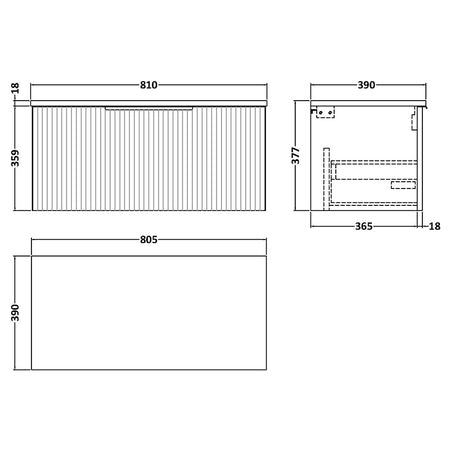 Hudson Reed Fluted Fluted Wall Hung Single Drawer 800mm Vanity & Matching Worktop (1 size, 5 colours) - Brand New Bathrooms