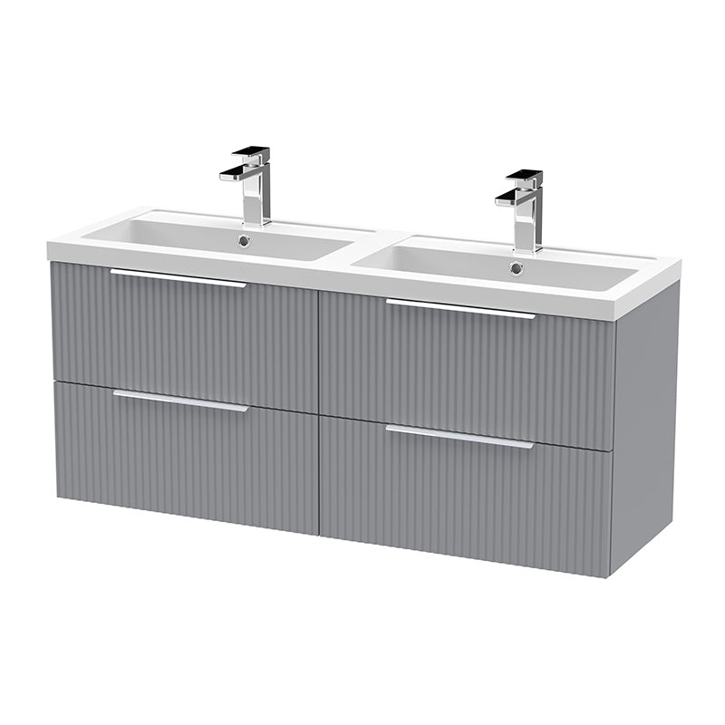 Hudson Reed Fluted Wall Hung Four Drawer 1200mm Vanity and Double Polymarble Basin (1 size, 5 colours) - Brand New Bathrooms