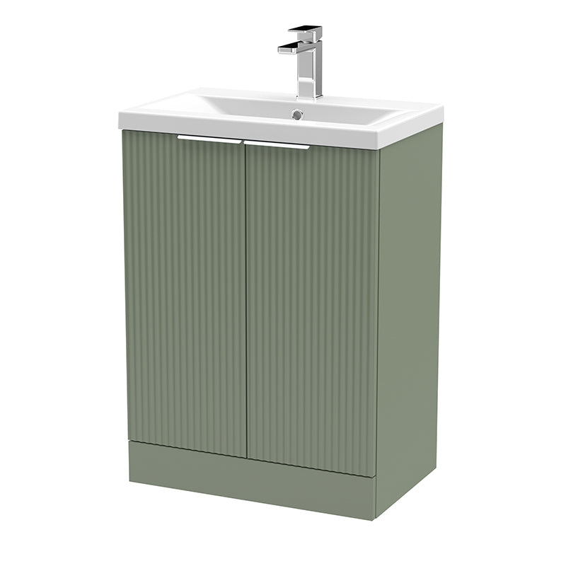 Hudson Reed Fluted Floor Standing Double Door 600mm Vanity and Mid-Edge Ceramic Basin (1 size, 5 colours) - Brand New Bathrooms