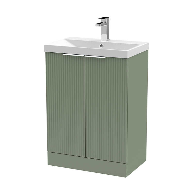 Hudson Reed Fluted Floor Standing Double Door 600mm Vanity and Thin-Edge Ceramic Basin (1 size, 5 colours) - Brand New Bathrooms