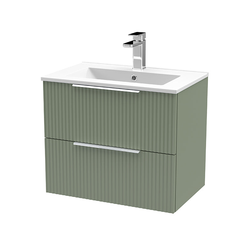 Hudson Reed Fluted Wall Hung Double Drawer 600mm Vanity & Minimalist Ceramic Basin (1 size, 5 colours) - Brand New Bathrooms