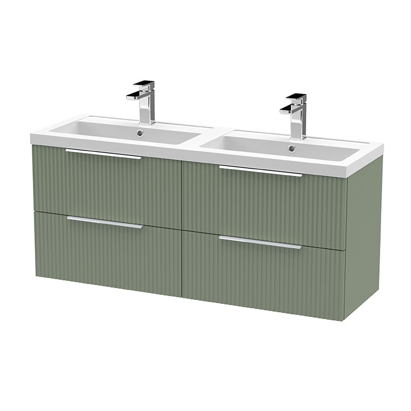 Hudson Reed Fluted Wall Hung Four Drawer 1200mm Vanity and Double Polymarble Basin (1 size, 5 colours) - Brand New Bathrooms
