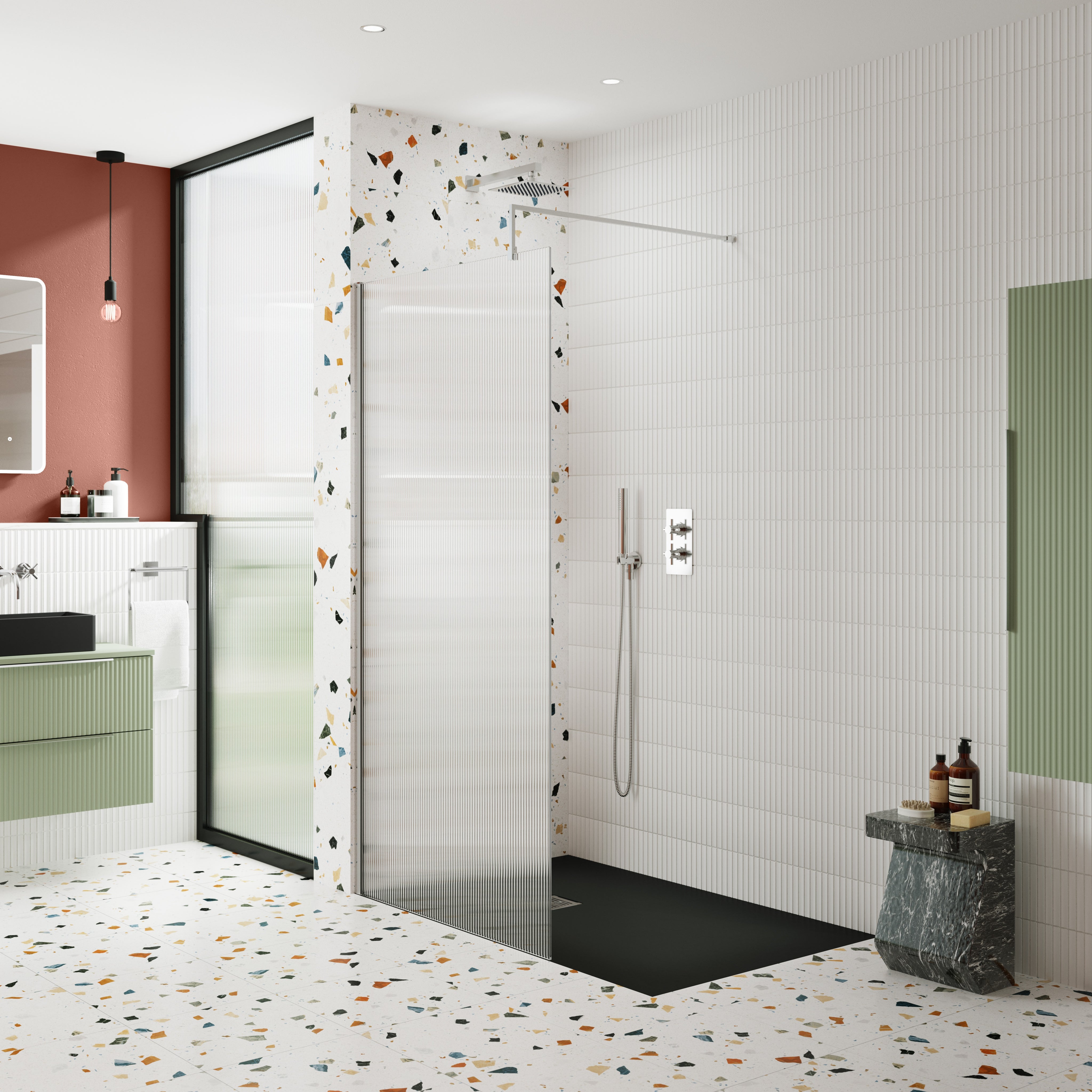 Nuie Fluted Wetroom Screen Including Support Bar (1 size, 4 colours) - Brand New Bathrooms