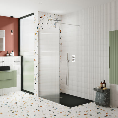 Nuie Fluted Wetroom Screen Including Support Bar (1 size, 4 colours) - Brand New Bathrooms