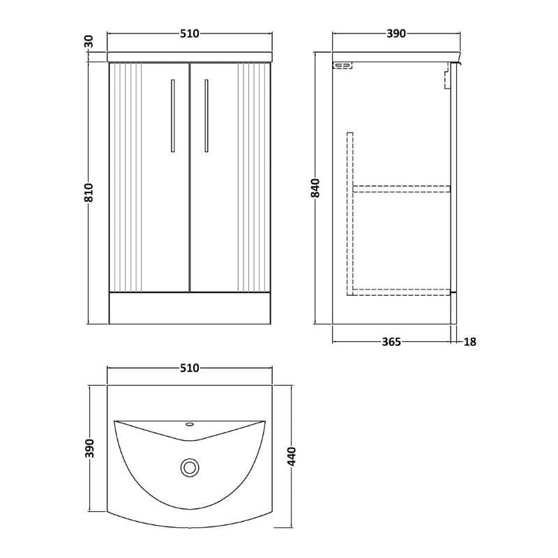 Nuie Deco Floor Standing 2-Door Vanity & Curved Basin (1 size, 5 colours) - Brand New Bathrooms