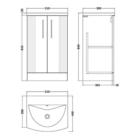 Nuie Deco Floor Standing 2-Door Vanity & Curved Basin (1 size, 5 colours) - Brand New Bathrooms