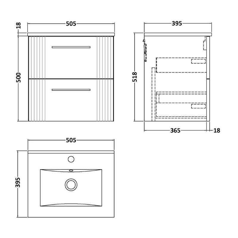 Nuie Deco Wall Hung 2-Drawer Vanity & Minimalist Basin (1 size, 5 colours) - Brand New Bathrooms