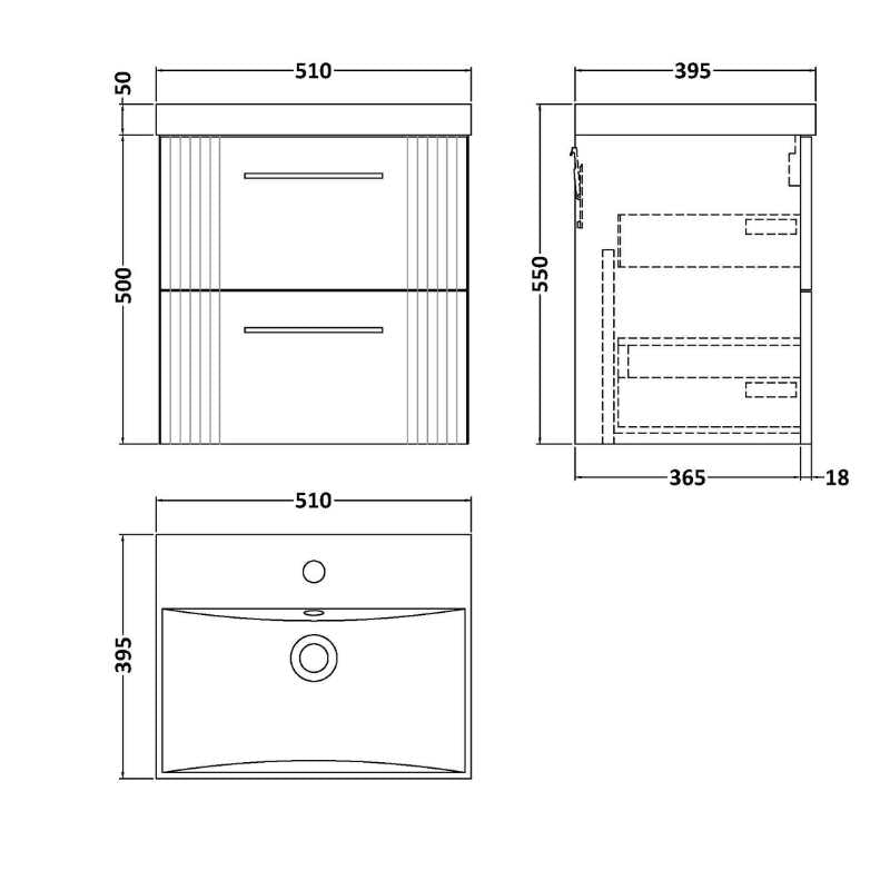 Nuie Deco Wall Hung 2-Drawer Vanity & Thin-Edge Basin (1 size, 5 colours) - Brand New Bathrooms