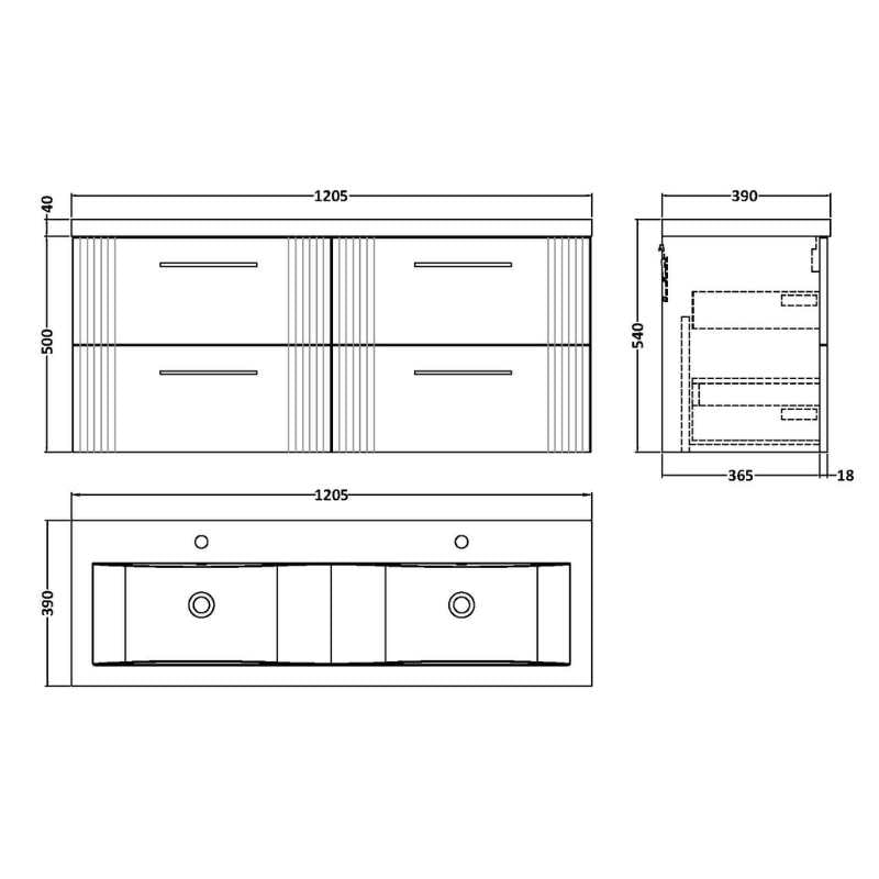 Nuie Deco Wall Hung 4-Drawer Vanity & Double Basin (1 size, 5 colours) - Brand New Bathrooms