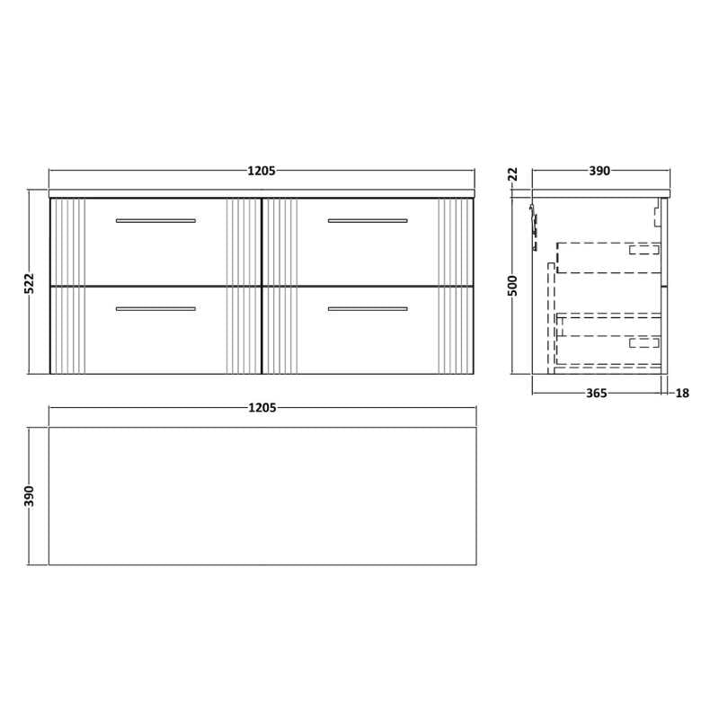 Nuie Deco Wall Hung 4-Drawer Vanity & Laminate Worktop (1 size, 5 colours) - Brand New Bathrooms
