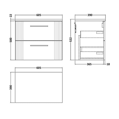 Nuie Deco Wall Hung 2-Drawer Vanity & Laminate Worktop (1 size, 5 colours) - Brand New Bathrooms