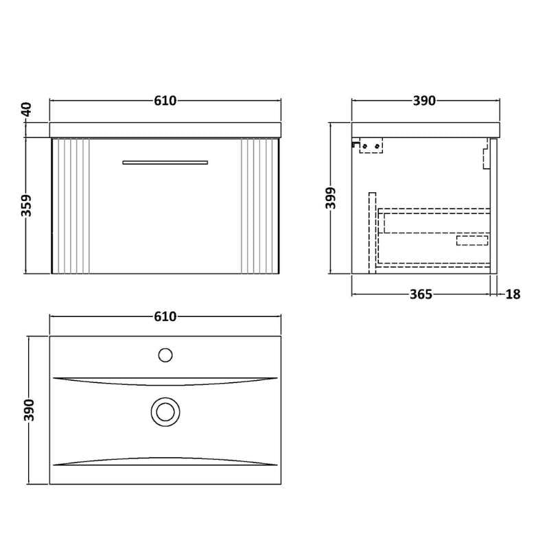 Nuie Deco Wall Hung Single Drawer Vanity & Mid-Edge Basin (1 size, 5 colours) - Brand New Bathrooms