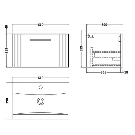 Nuie Deco Wall Hung Single Drawer Vanity & Mid-Edge Basin (1 size, 5 colours) - Brand New Bathrooms