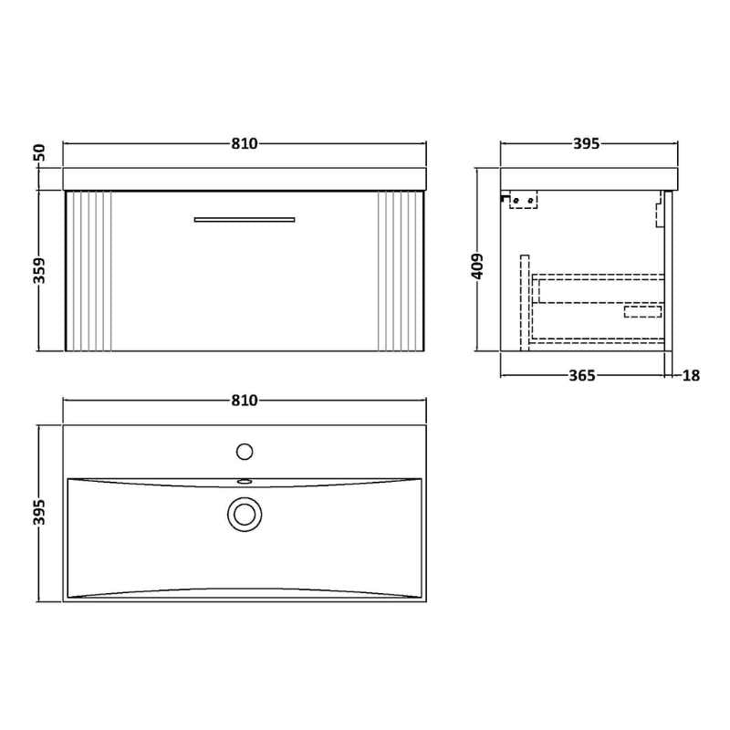 Nuie Deco Wall Hung Single Drawer Vanity & Thin-Edge Basin (1 size, 5 colours) - Brand New Bathrooms