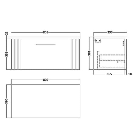 Nuie Deco Wall Hung Single Drawer Vanity & Laminate Top (1 size, 5 colours) - Brand New Bathrooms