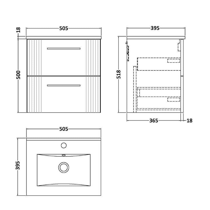 Nuie Deco Wall Hung 2-Drawer Vanity & Minimalist Basin (1 size, 5 colours) - Brand New Bathrooms
