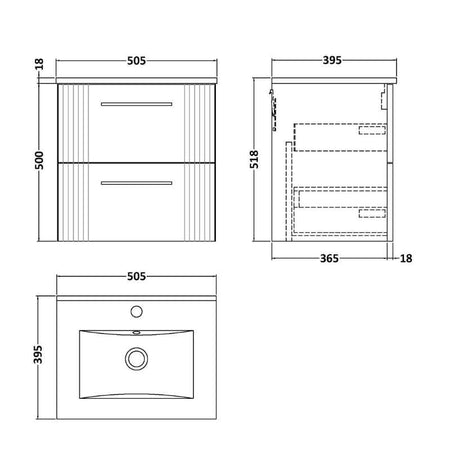 Nuie Deco Wall Hung 2-Drawer Vanity & Minimalist Basin (1 size, 5 colours) - Brand New Bathrooms