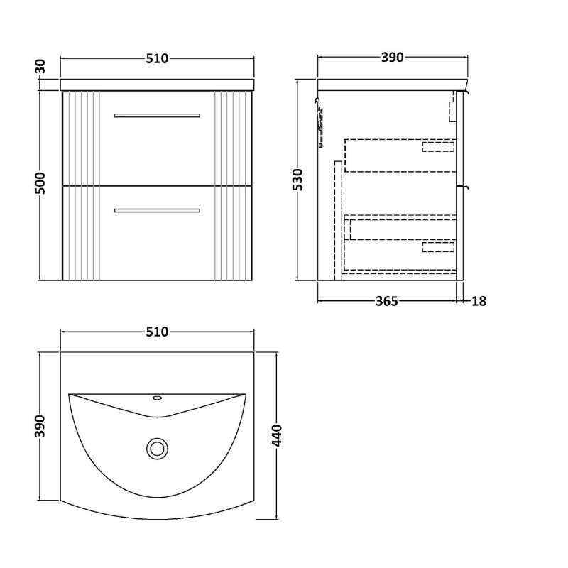 Nuie Deco Wall Hung 2-Drawer Vanity & Thin-Edge Basin (1 size, 5 colours) - Brand New Bathrooms