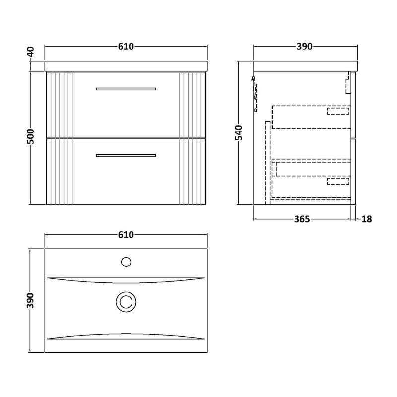 Nuie Deco Wall Hung 2-Drawer Vanity & Mid-Edge Basin (1 size, 5 colours) - Brand New Bathrooms