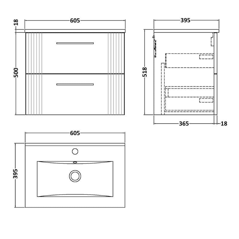 Nuie Deco Wall Hung 2-Drawer Vanity & Minimalist Basin (1 size, 5 colours) - Brand New Bathrooms