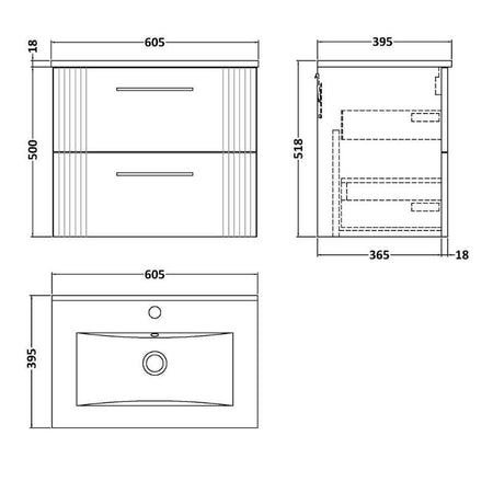 Nuie Deco Wall Hung 2-Drawer Vanity & Minimalist Basin (1 size, 5 colours) - Brand New Bathrooms