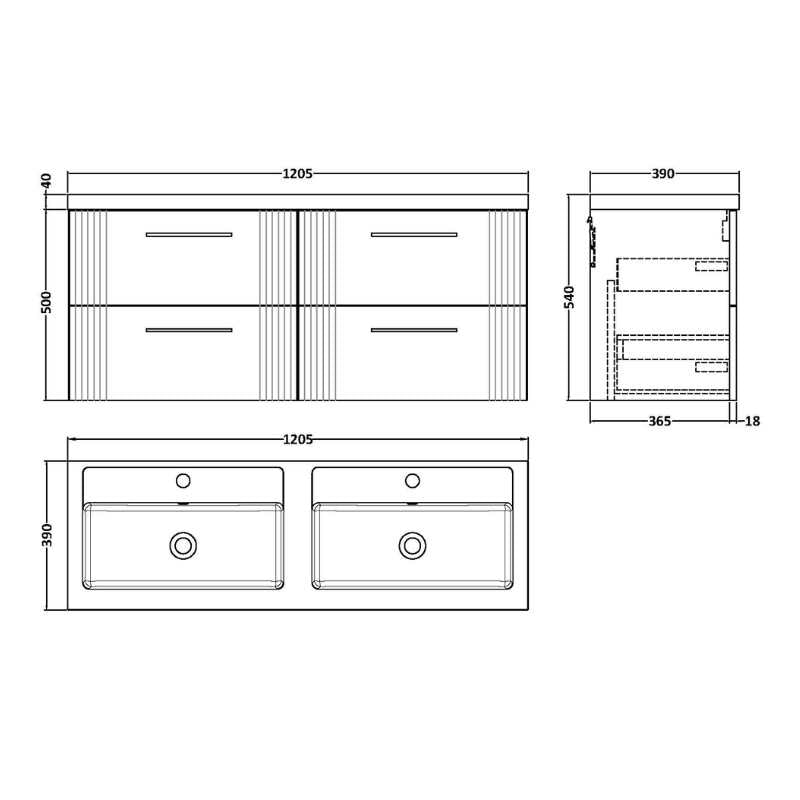 Nuie Deco Wall Hung 4-Drawer Vanity & Double Basin (1 size, 5 colours) - Brand New Bathrooms