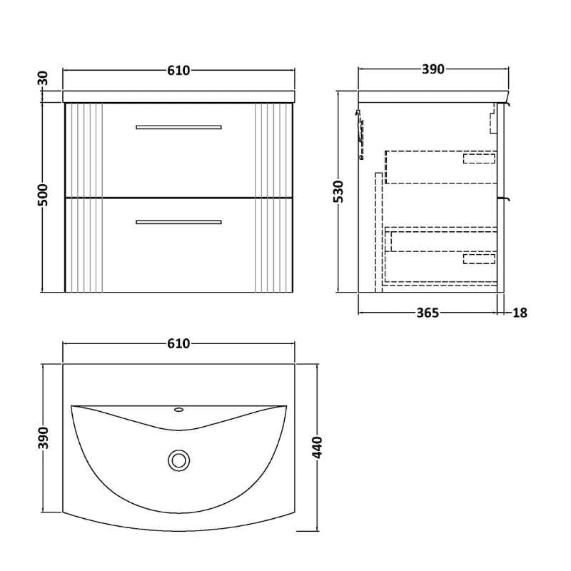 Nuie Deco Wall Hung 2-Drawer Vanity & Curved Basin (1 size, 5 colours) - Brand New Bathrooms