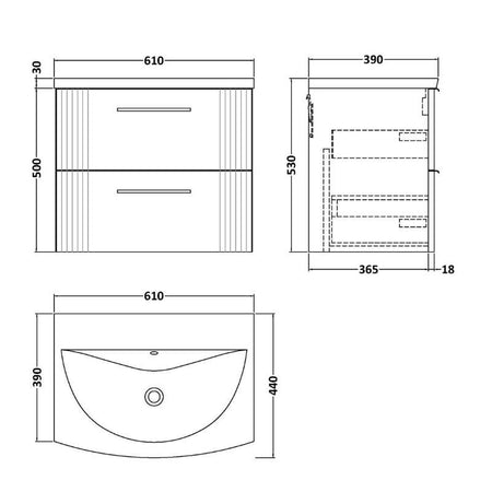 Nuie Deco Wall Hung 2-Drawer Vanity & Curved Basin (1 size, 5 colours) - Brand New Bathrooms