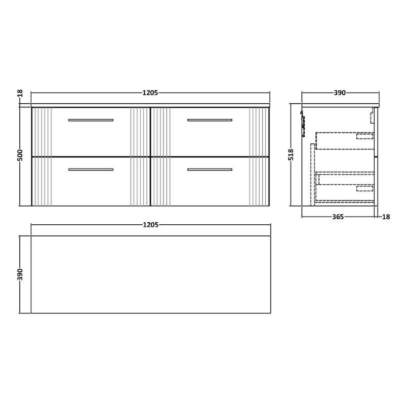Nuie Deco Wall Hung 4-Drawer Vanity & Worktop (1 size, 5 colours) - Brand New Bathrooms
