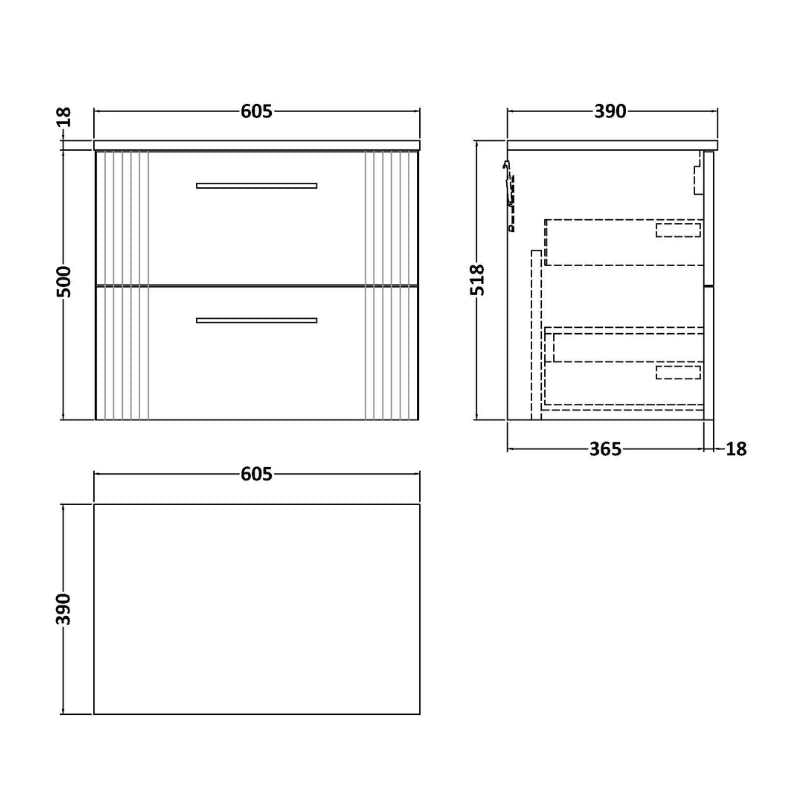 Nuie Deco Wall Hung 2-Drawer Vanity & Worktop (1 size, 5 colours) - Brand New Bathrooms