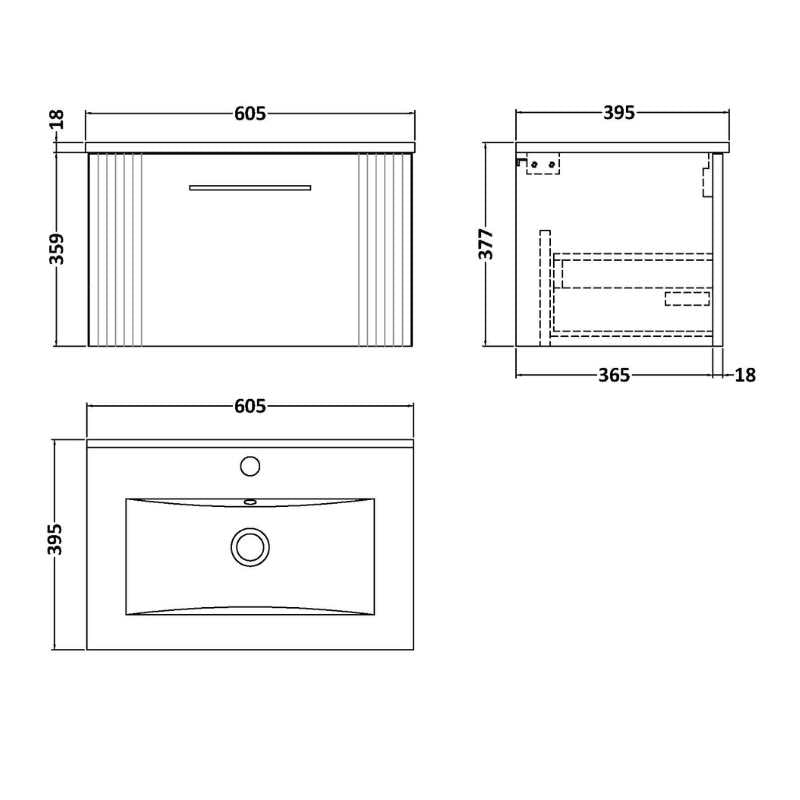 Nuie Deco Wall Hung Single Drawer Vanity & Minimalist Basin (1 size, 5 colours) - Brand New Bathrooms