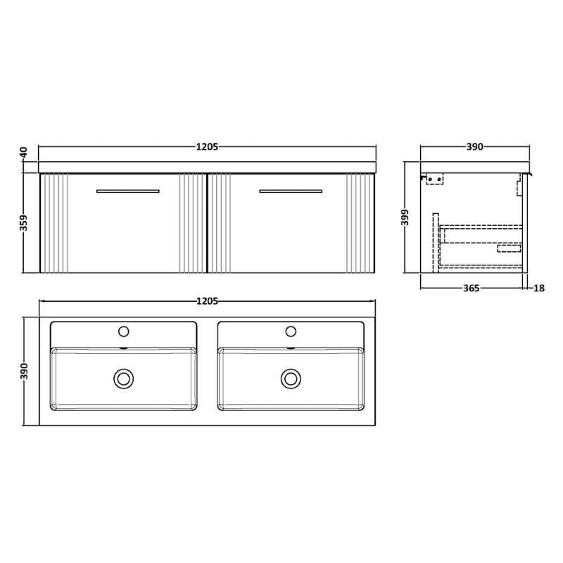 Nuie Deco Wall Hung 2-Drawer Vanity & Double Basin (1 size, 5 colours) - Brand New Bathrooms