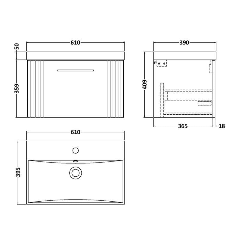 Nuie Deco Wall Hung Single Drawer Vanity & Thin-Edge Basin (1 size, 5 colours) - Brand New Bathrooms