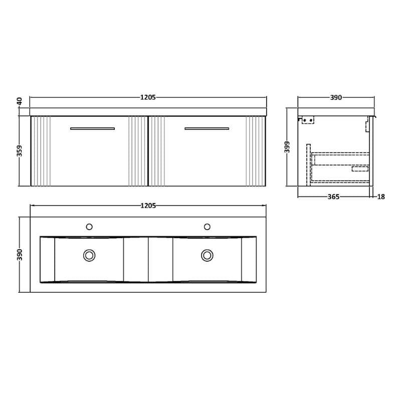 Nuie Deco Wall Hung 2-Drawer Vanity & Double Basin (1 size, 5 colours) - Brand New Bathrooms