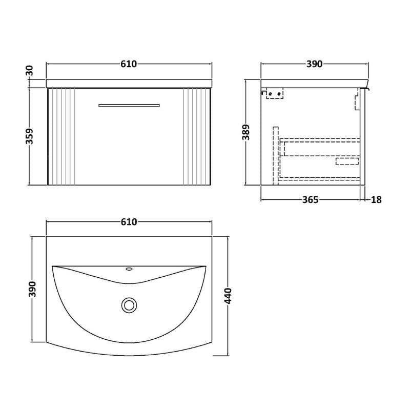 Nuie Deco Wall Hung Single Drawer Vanity & Curved Basin (1 size, 5 colours) - Brand New Bathrooms
