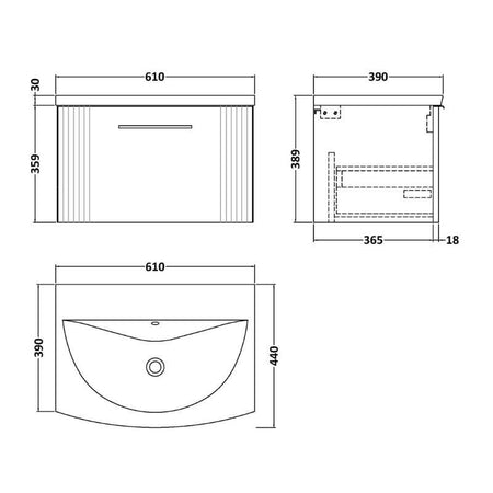Nuie Deco Wall Hung Single Drawer Vanity & Curved Basin (1 size, 5 colours) - Brand New Bathrooms
