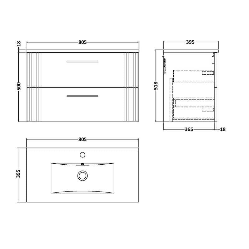 Nuie Deco Wall Hung 2-Drawer Vanity & Minimalist Basin (1 size, 5 colours) - Brand New Bathrooms