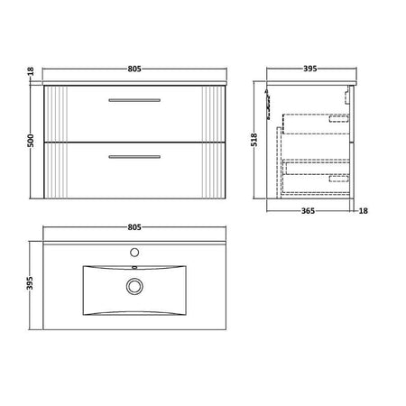 Nuie Deco Wall Hung 2-Drawer Vanity & Minimalist Basin (1 size, 5 colours) - Brand New Bathrooms