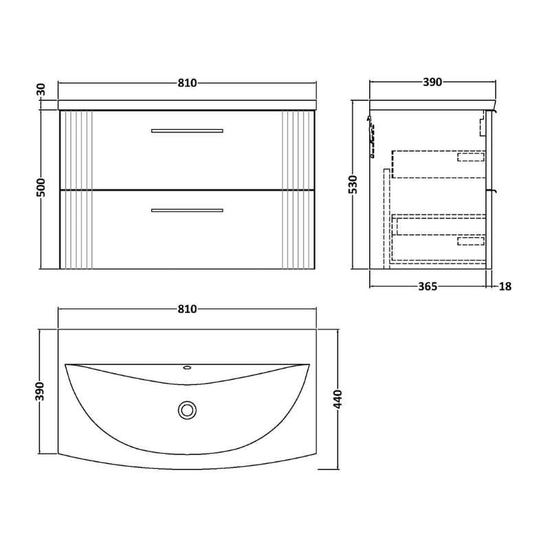 Nuie Deco Wall Hung 2-Drawer Vanity & Curved Basin (1 size, 5 colours) - Brand New Bathrooms