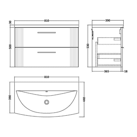 Nuie Deco Wall Hung 2-Drawer Vanity & Curved Basin (1 size, 5 colours) - Brand New Bathrooms