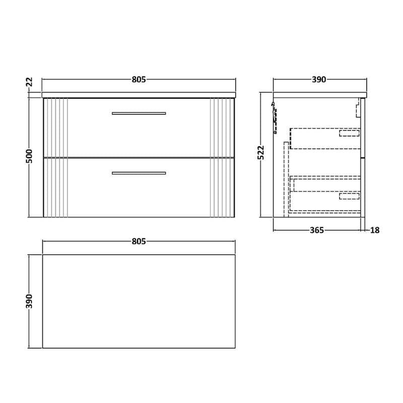 Nuie Deco Wall Hung 2-Drawer Vanity & Laminate Top (1 size, 5 colours) - Brand New Bathrooms
