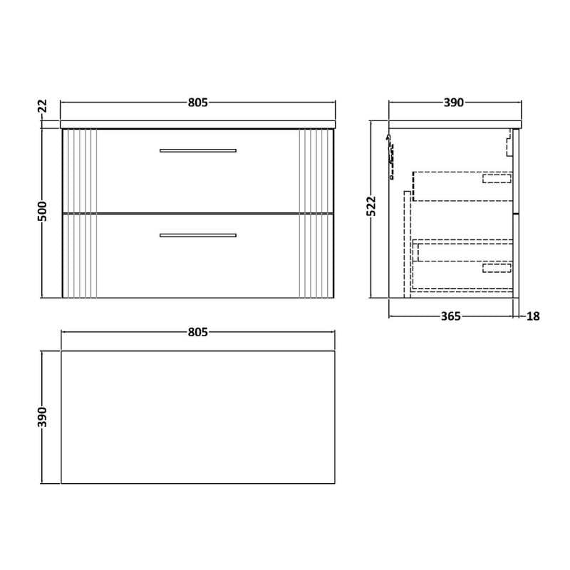 Nuie Deco Wall Hung 2-Drawer Vanity & Laminate Worktop (1 size, 5 colours) - Brand New Bathrooms
