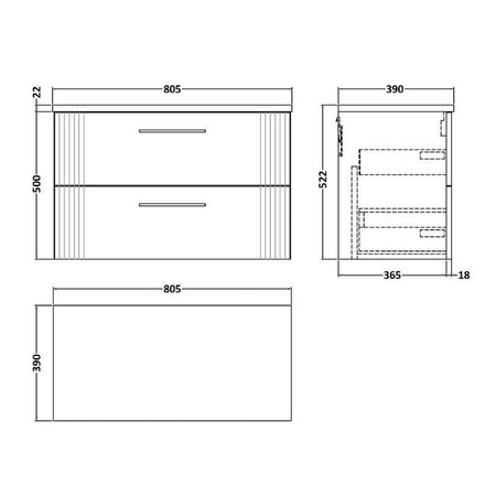 Nuie Deco Wall Hung 2-Drawer Vanity & Laminate Worktop (1 size, 5 colours) - Brand New Bathrooms