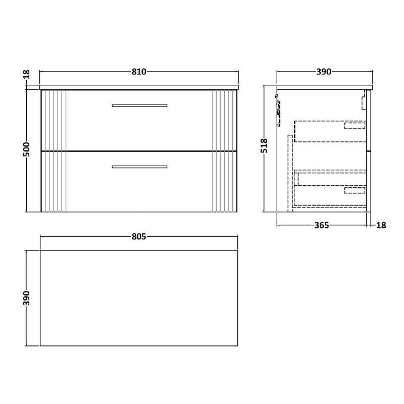 Nuie Deco Wall Hung 2-Drawer Vanity & Worktop (1 size, 5 colours) - Brand New Bathrooms