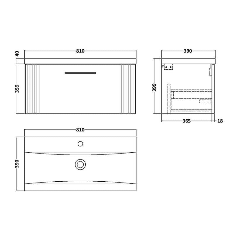 Nuie Deco Wall Hung Single Drawer Vanity & Mid-Edge Basin (1 size, 5 colours) - Brand New Bathrooms
