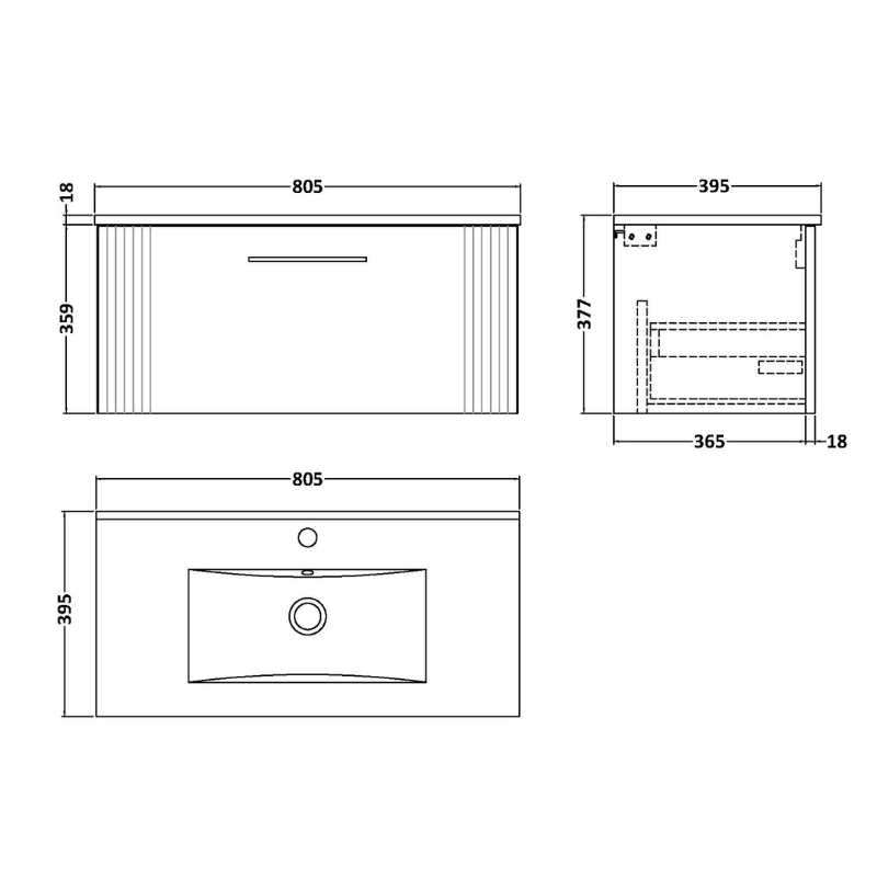 Nuie Deco Wall Hung Single Drawer Vanity & Mid-Edge Basin (1 size, 5 colours) - Brand New Bathrooms