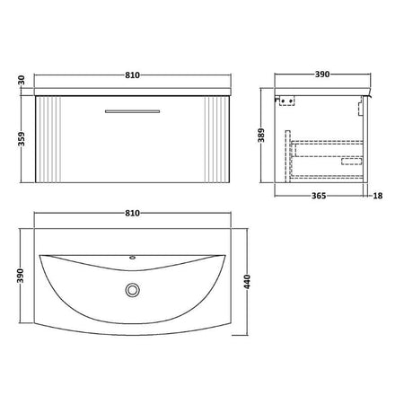 Nuie Deco Wall Hung Single Drawer Vanity & Curved Basin (1 size, 5 colours) - Brand New Bathrooms